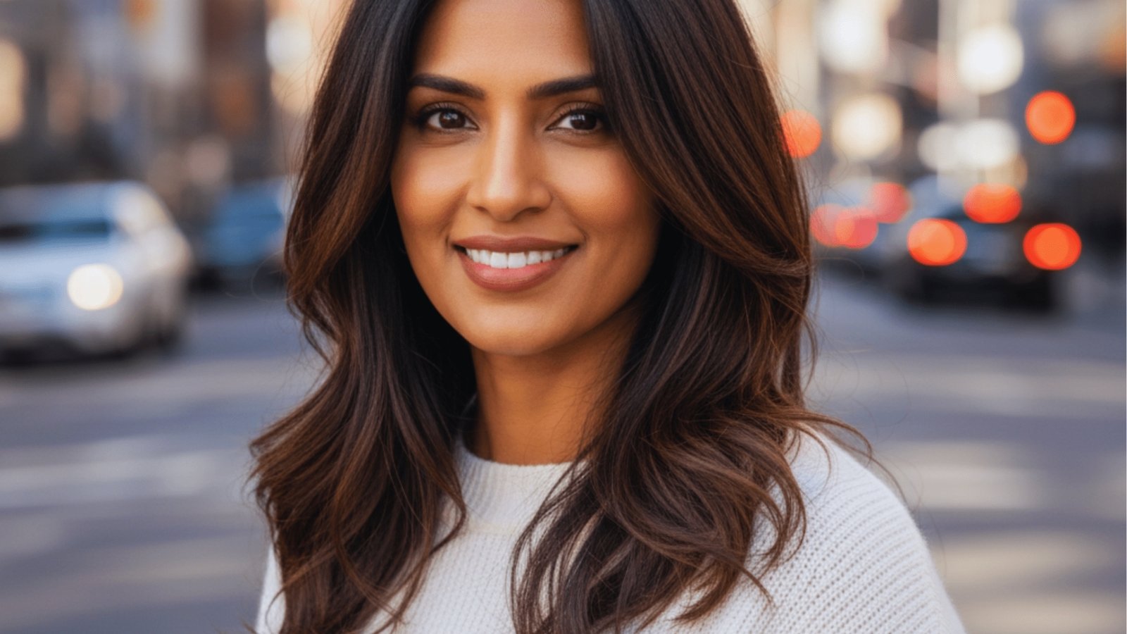 Low maintenance wavy medium length layered haircut with soft face-framing layers and subtle highlights on brunette hair for round face 
