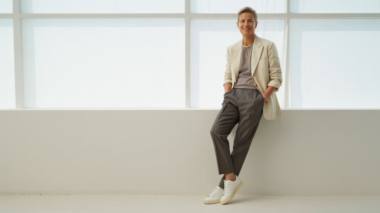 A person leans casually against a ledge in a bright room, wearing a light blazer, gray pants, and white sneakers, exuding a relaxed, confident demeanor.