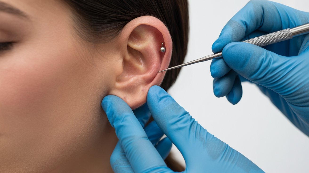 A close-up of a person's ear being examined by a gloved professional using a metal tool. The person has a barbell piercing, and the setting is clinical.