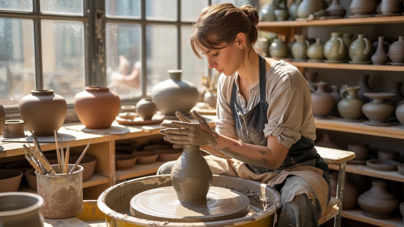 A woman focused on shaping clay on a pottery wheel in a sunlit workshop filled with ceramic pots. The scene conveys creativity and concentration.