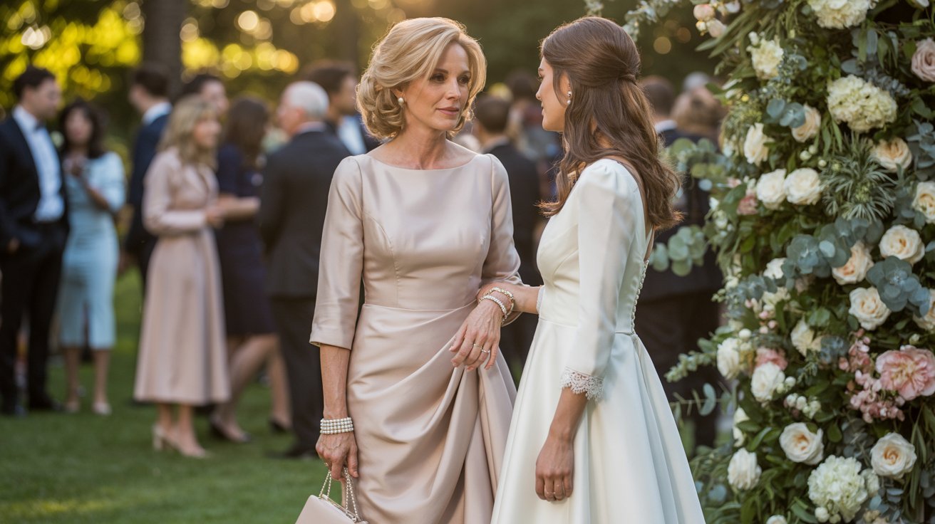 Two women at a wedding, one in a pink dress, the other in a white gown, stand beside a floral arch. The setting is a sunny garden, guests mingling.