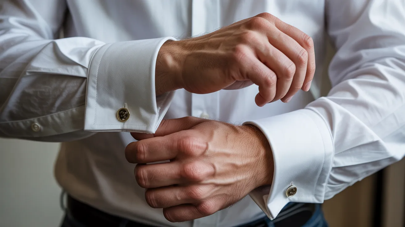 Close-up of hands unbuttoning a white French cuff shirt, both cuff layers open and hanging loose in soft natural light
