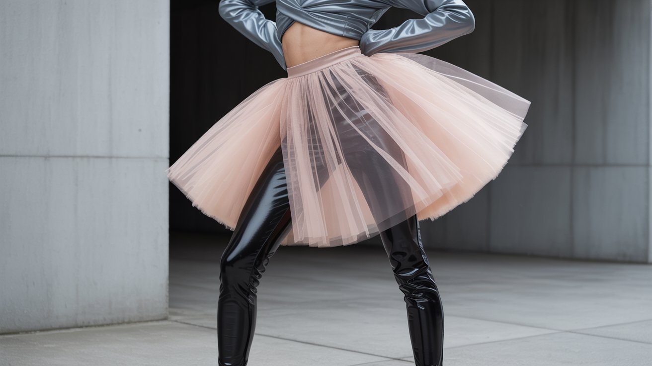 A person stands confidently, wearing a glossy silver top, a pink tulle tutu skirt, and black vinyl pants. The background is minimal and industrial.
