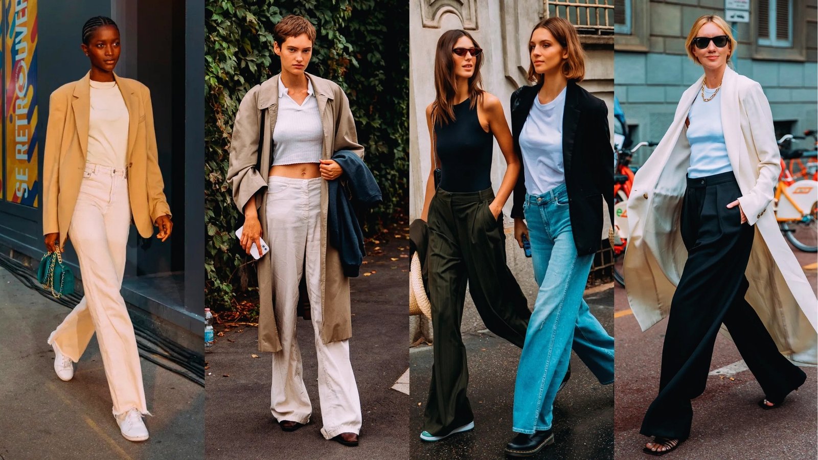 Four women showcase chic street style. They wear long coats, flared pants, and relaxed tops, exuding confidence and modern elegance.
