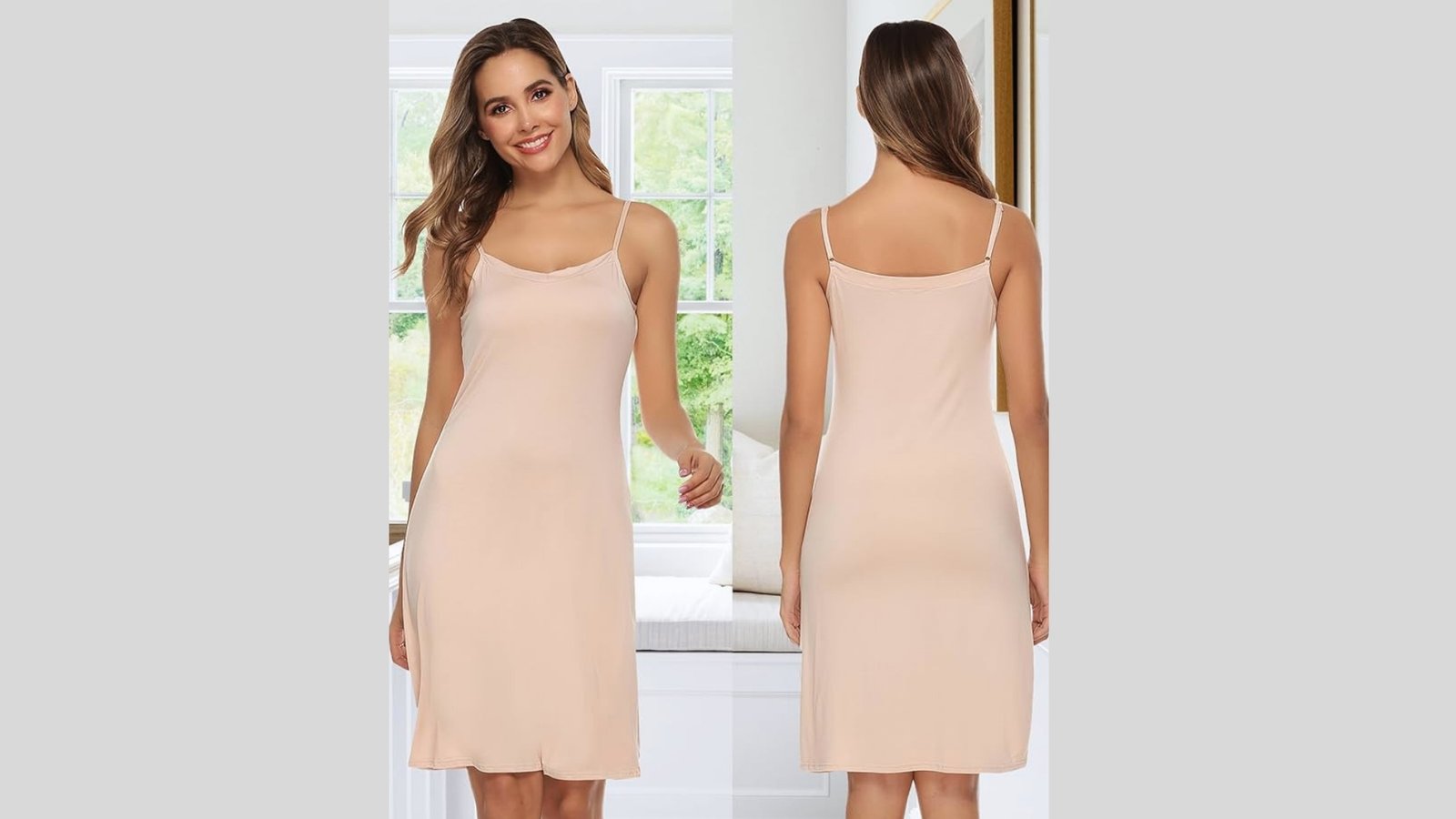 Woman smiling in a light peach slip dress, shown from front and back, standing in a bright room with large windows and white walls, conveying a relaxed, elegant vibe.