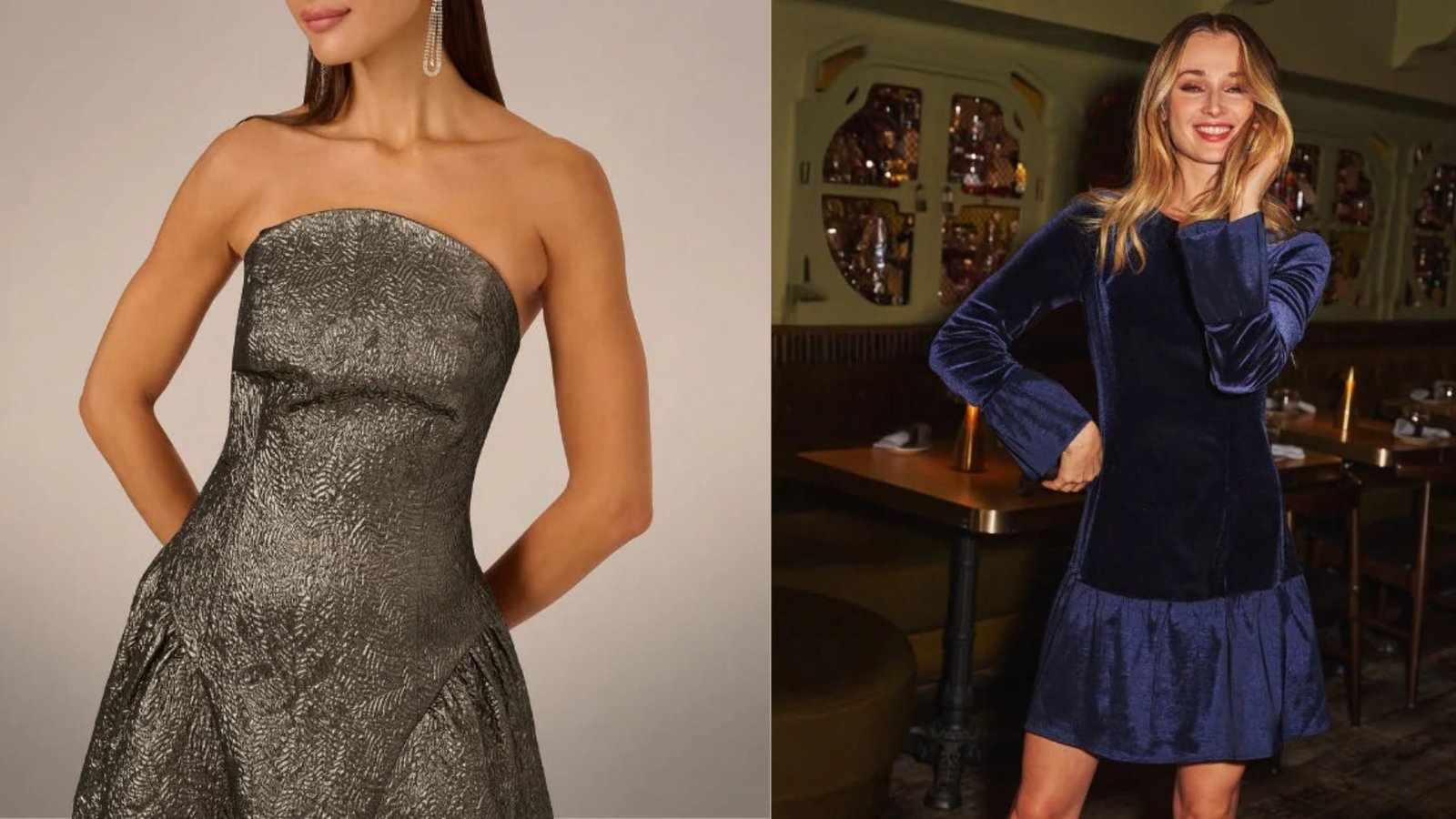 Two women in elegant attire: One in a strapless metallic gown, exuding sophistication, and the other in a velvet blue dress, smiling warmly in a cozy restaurant setting.