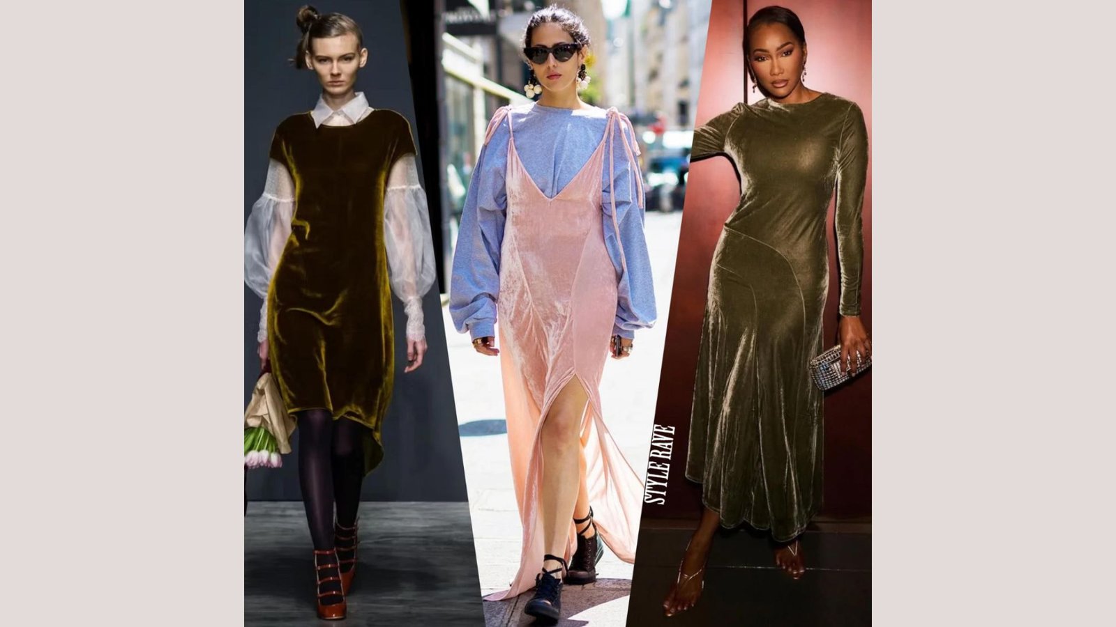 Three women showcase velvet dresses: one in a brown velvet dress with sheer sleeves, one in a pink slip dress over a blue top, and one in a green velvet dress.