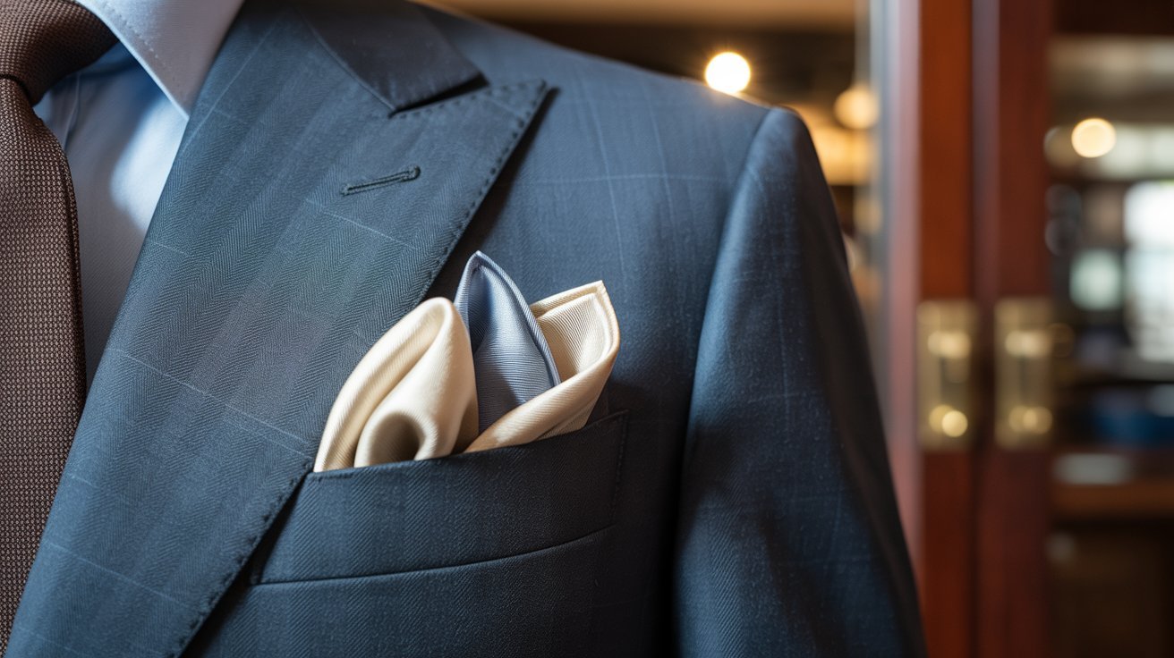 Close-up of a man in a dark blue suit with a beige tie and a pocket square featuring beige and blue shades. The setting conveys elegance and sophistication.