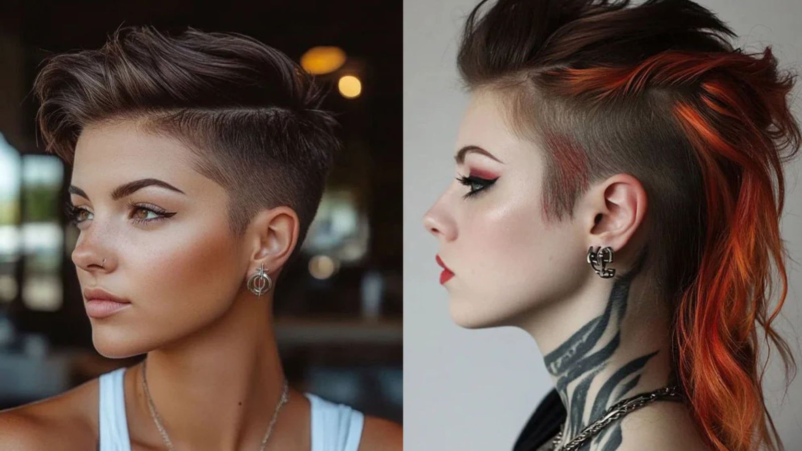 Split image of two women with side-shaved undercuts. The left shows dark hair with a voluminous top and tapered side undercut. The right shows a bold orange-red faux hawk with shaved sides and neck tattoo.