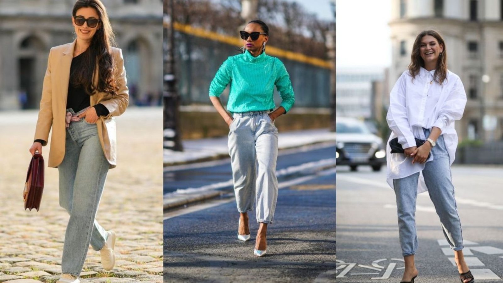 Three chic mom outfits with jeans: a camel blazer over black top with straight jeans, a teal knit sweater with high-waist light jeans and heels, and an oversized white button-down with cuffed jeans and mules.