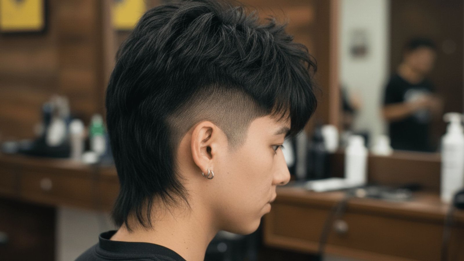A young woman with a shaved head receiving a blunt cut mullet in a modern barber shop setting.