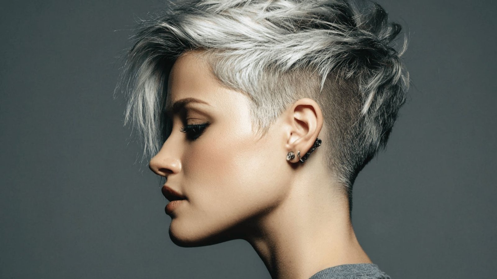 A woman with short silver hair styled in an undercut shaggy choppy pixie cut.