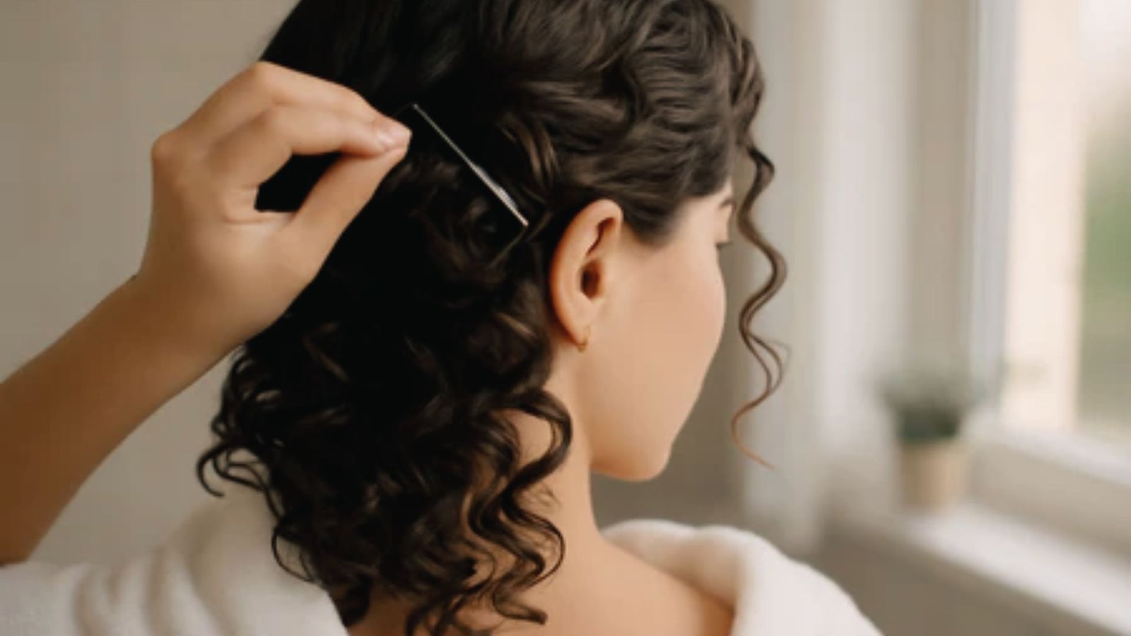 A woman combs her hair with a comb, promoting the idea of refreshing her look between washes.