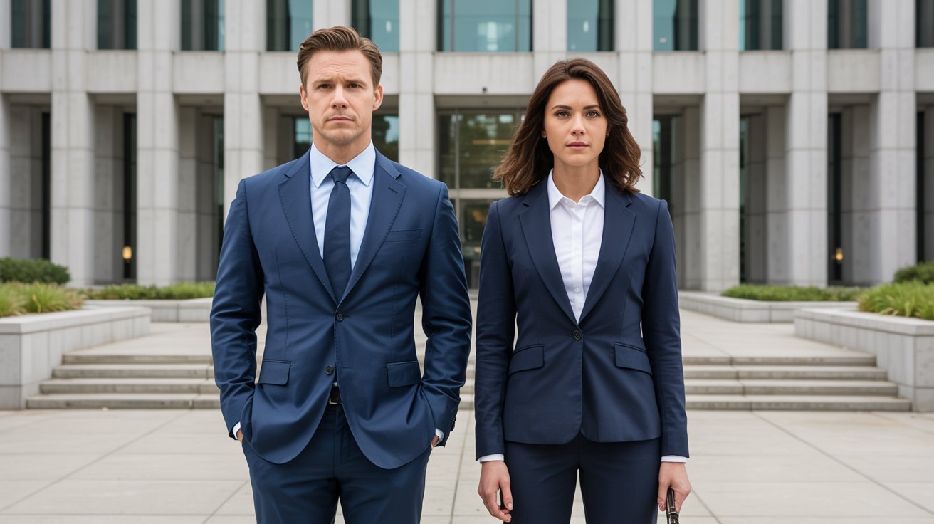 Man and woman wearing formal court outfits standing outside a courthouse building