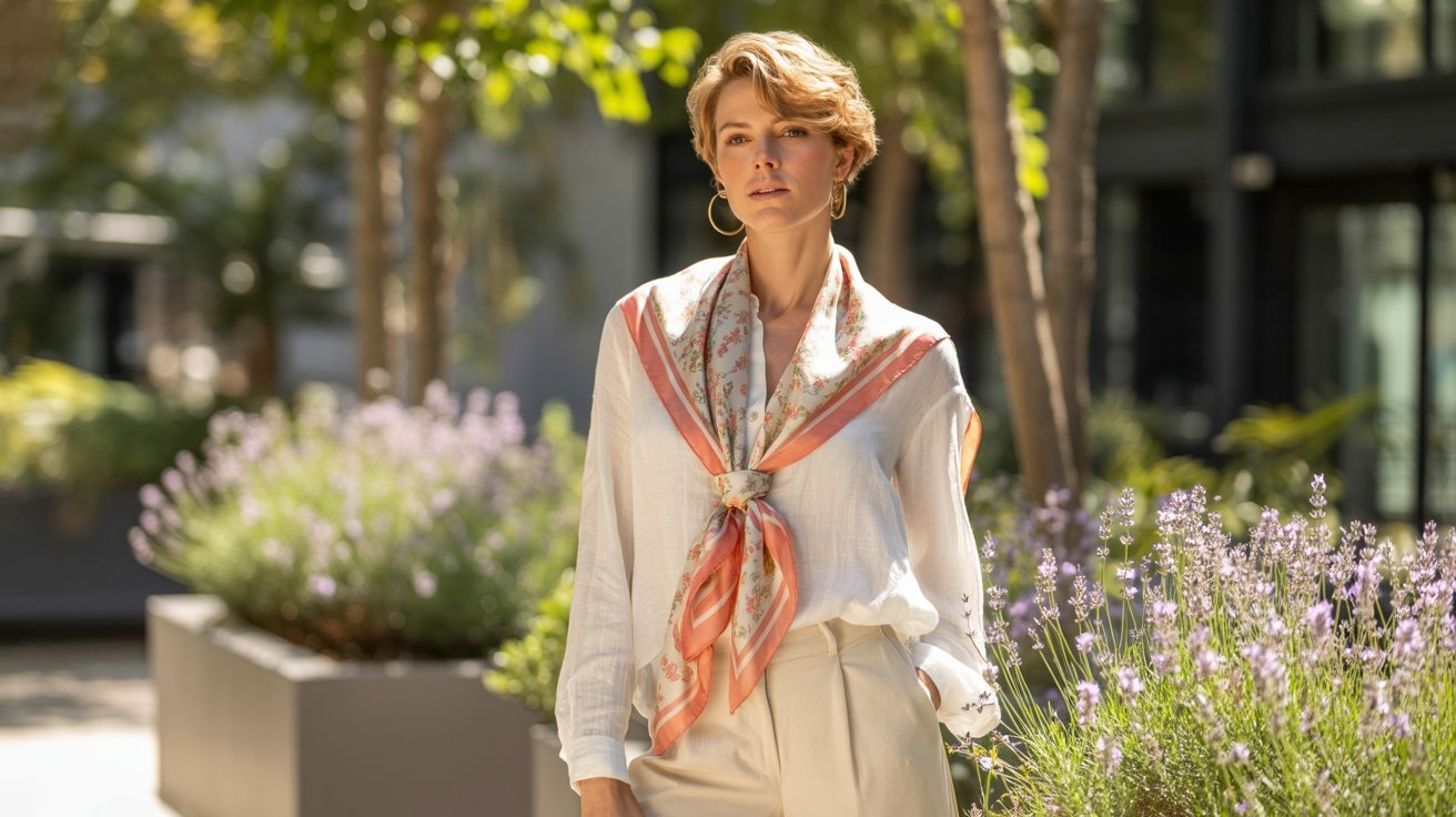 A person stands outdoors, wearing a white blouse and a floral scarf with peach accents. They are in front of lavender plants with trees in the background, exuding a serene, summery vibe.