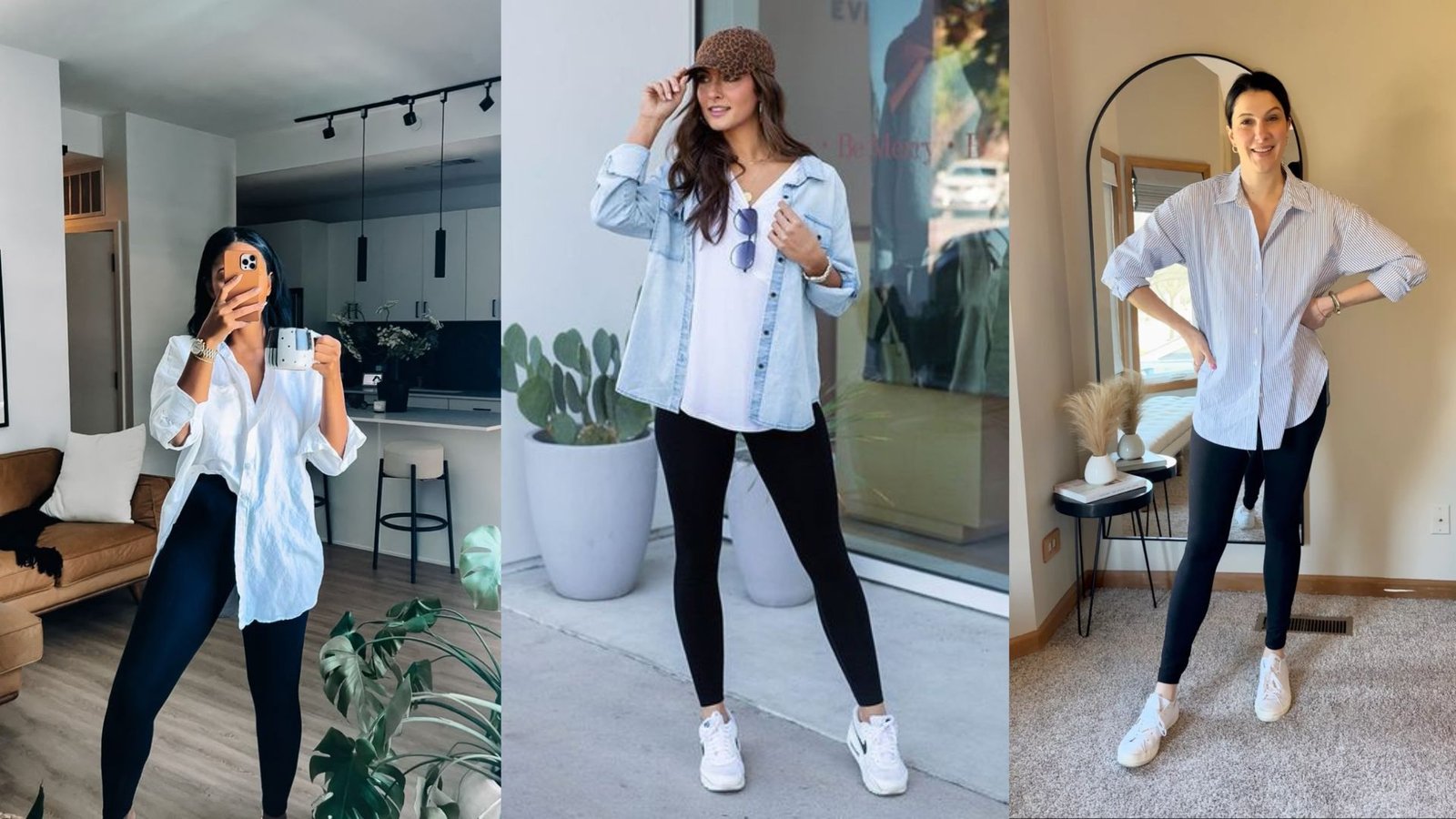 Three women in oversized button-down shirts styled with black leggings for easy comfort. Outfits include white linen, denim, and striped shirts paired with sneakers. 
