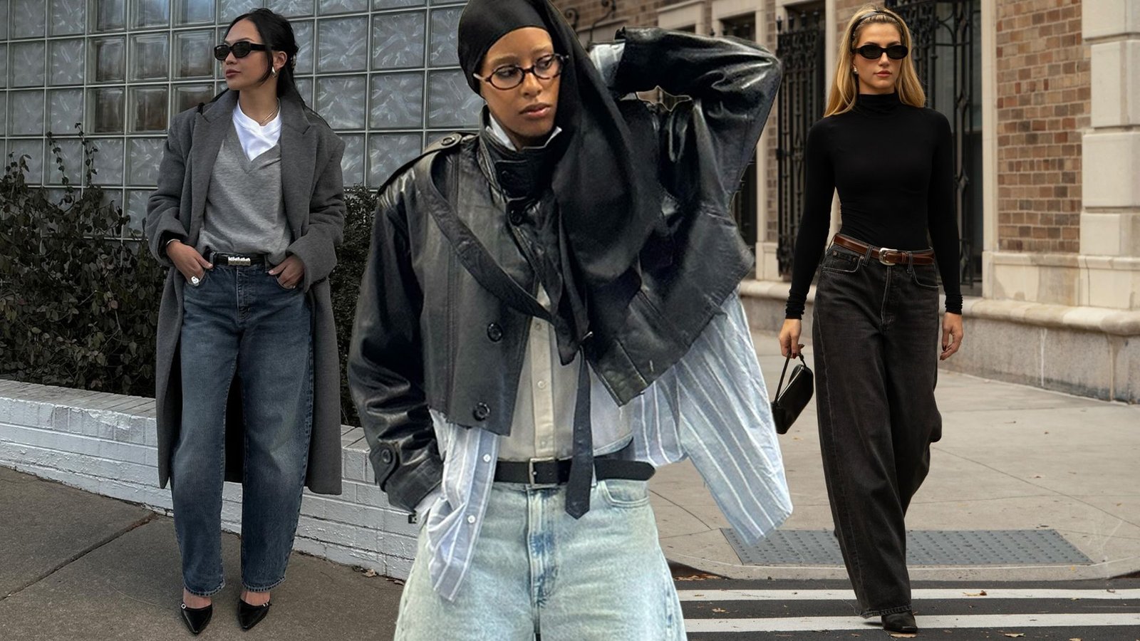 Three women in layered 90s mom outfits featuring oversized blazers, leather jackets, and turtlenecks. Paired with straight and wide-leg jeans for a cool, off-duty vibe.