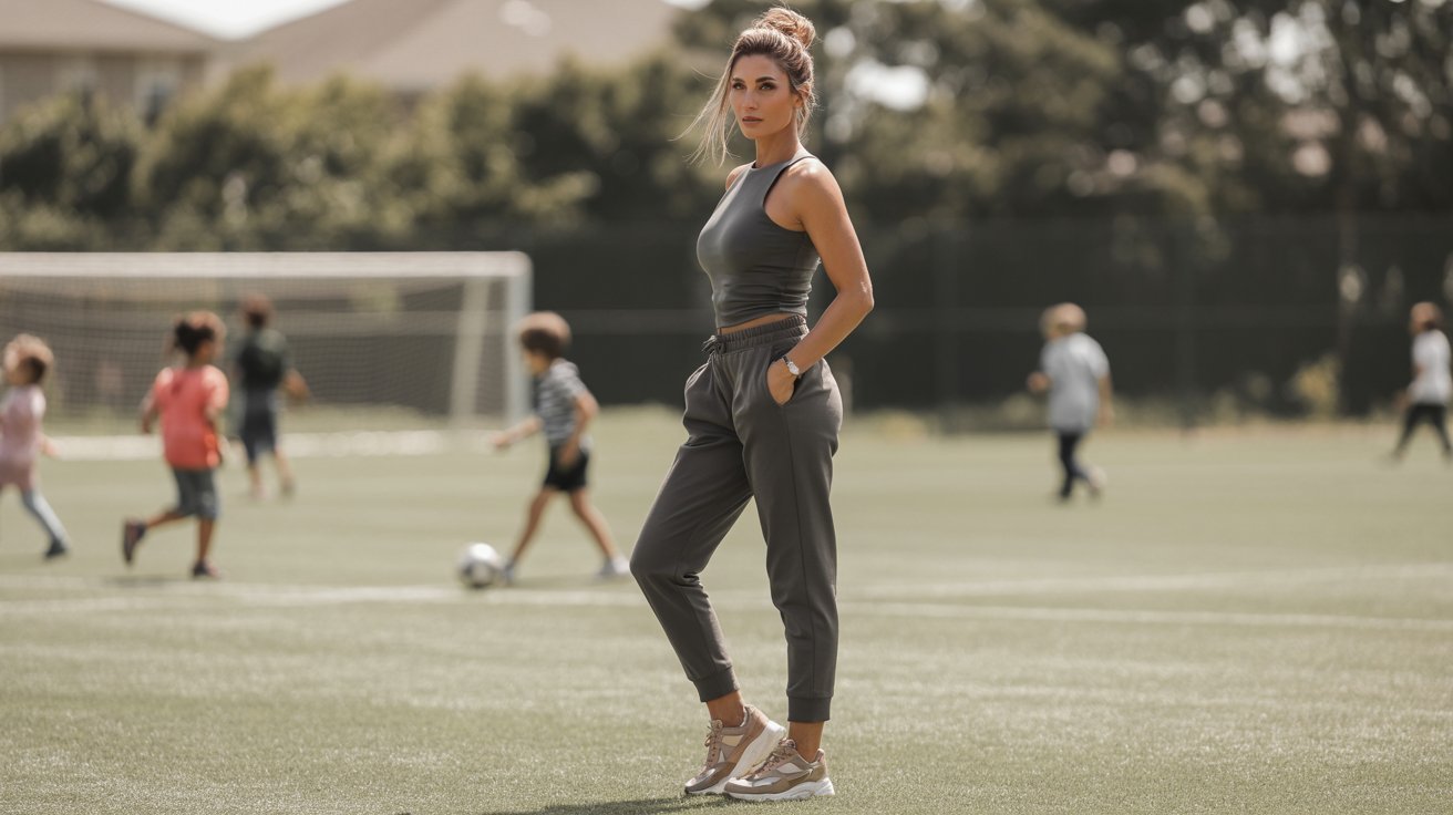 A woman in a gray fitted tank and joggers stands confidently on a soccer field, wearing trendy chunky sneakers.