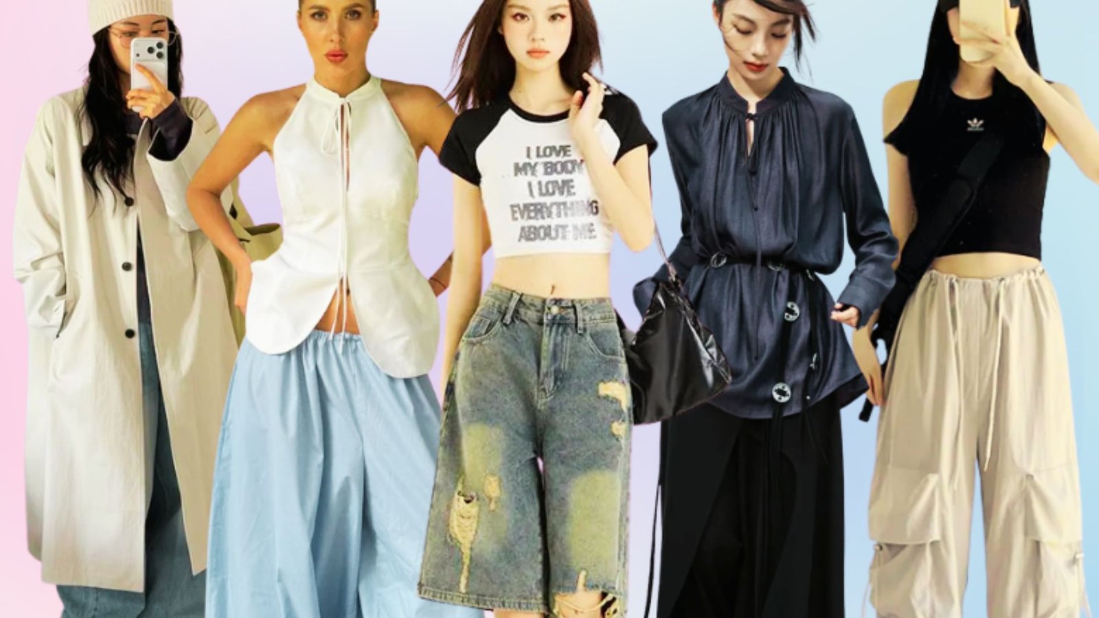 Five women in stylish outfits showcasing the trendy Acubi style popular in K-fashion.