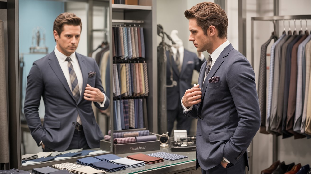 Man in a blue suit stands in front of a mirror, hand on pocket square, surrounded by displayed ties and fabrics, conveying a polished, confident tone.