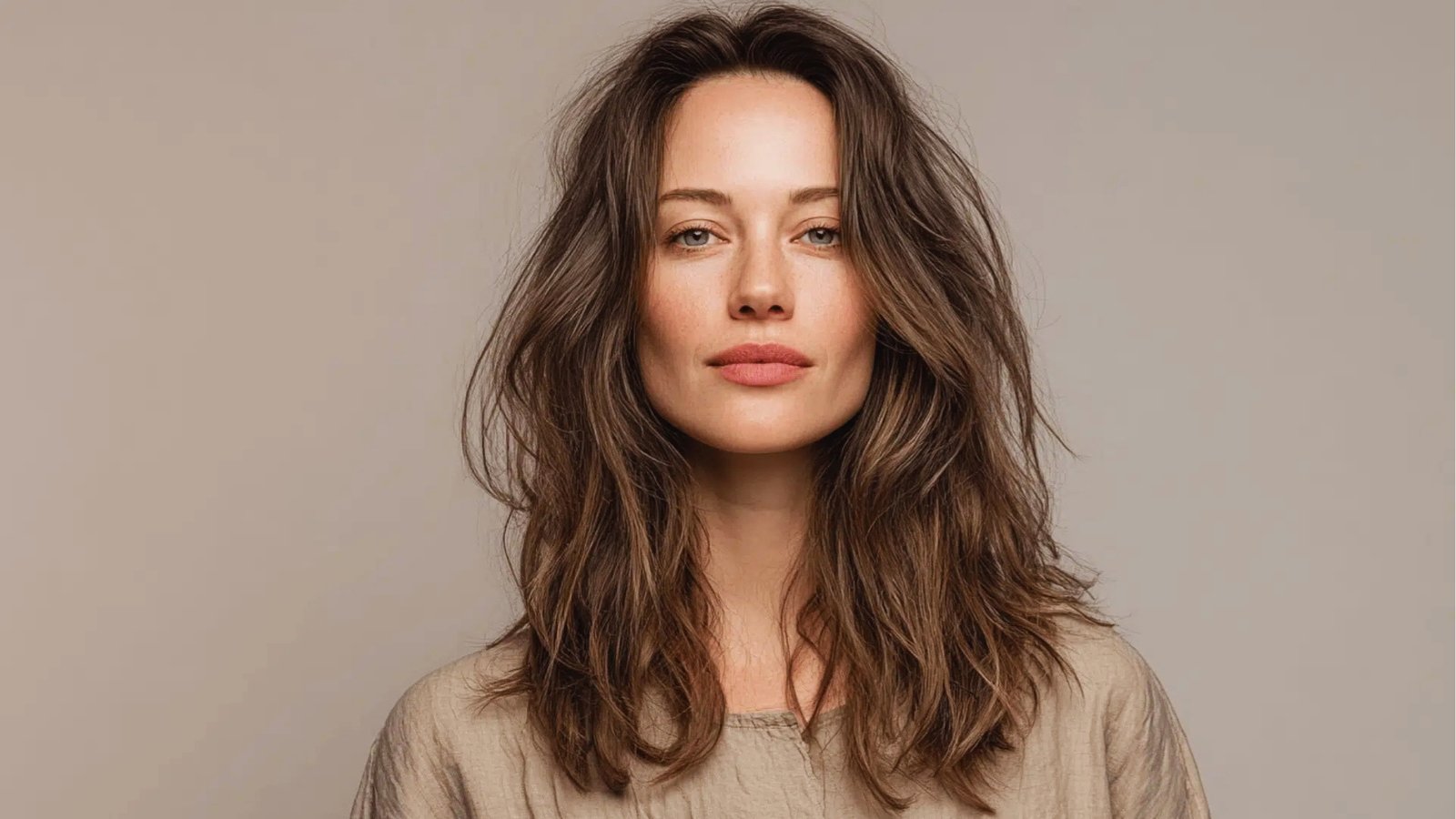 Tousled wavy shoulder length haircut with center part and soft layers on light brown hair