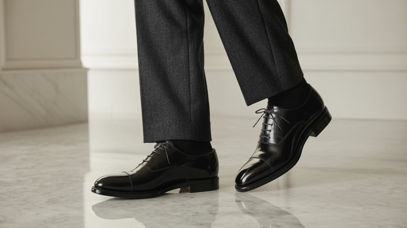 Man in dark trousers wearing polished black leather dress shoes on a shiny marble floor. The tone is elegant and formal.