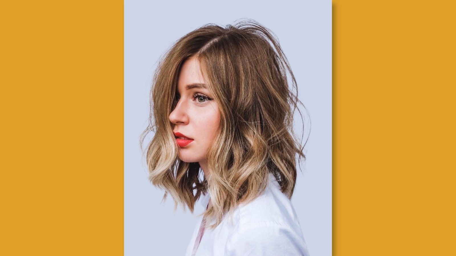 Low maintenance wavy medium length layered lob with deep side part and tousled texture on blonde balayage hair for round face
