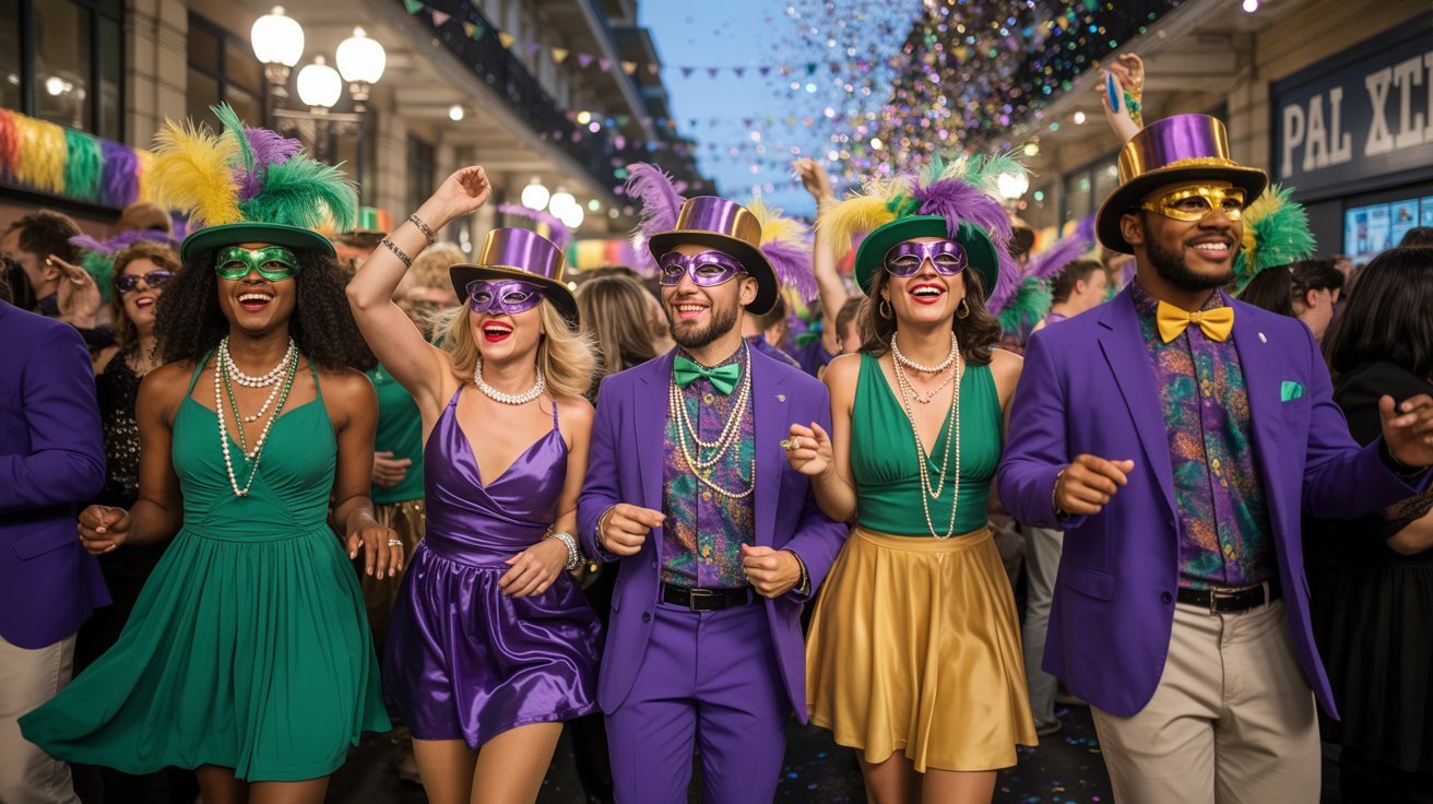 A vibrant Mardi Gras celebration featuring five people in colorful costumes with feathers, masks, and beads, smiling and dancing under confetti-filled skies.