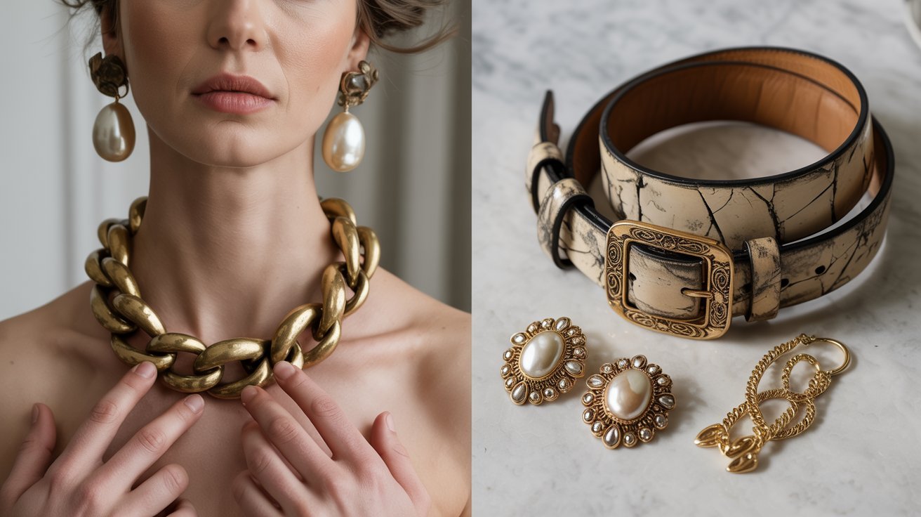 Close-up of a woman wearing a chunky gold chain necklace and pearl earrings. Nearby, ornate belts and jewelry with pearls and gold detailing are displayed. Elegant and luxurious tone.