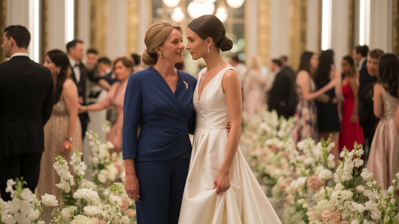 A bride in a white gown and a woman in a blue dress share a tender moment at a wedding reception, surrounded by guests and floral arrangements.