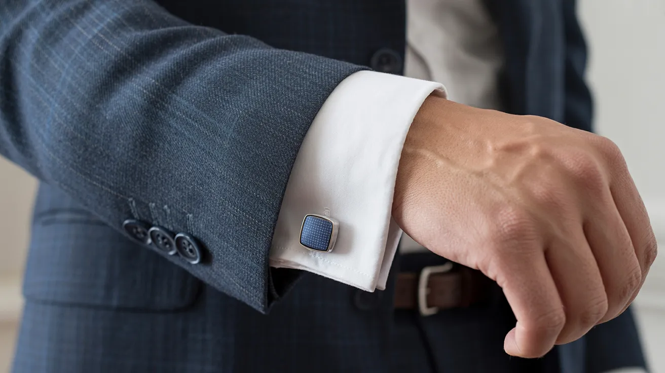Cufflink secured on wrist with neatly fastened cuff under blazer sleeve, creating a polished formal look in soft lighting
