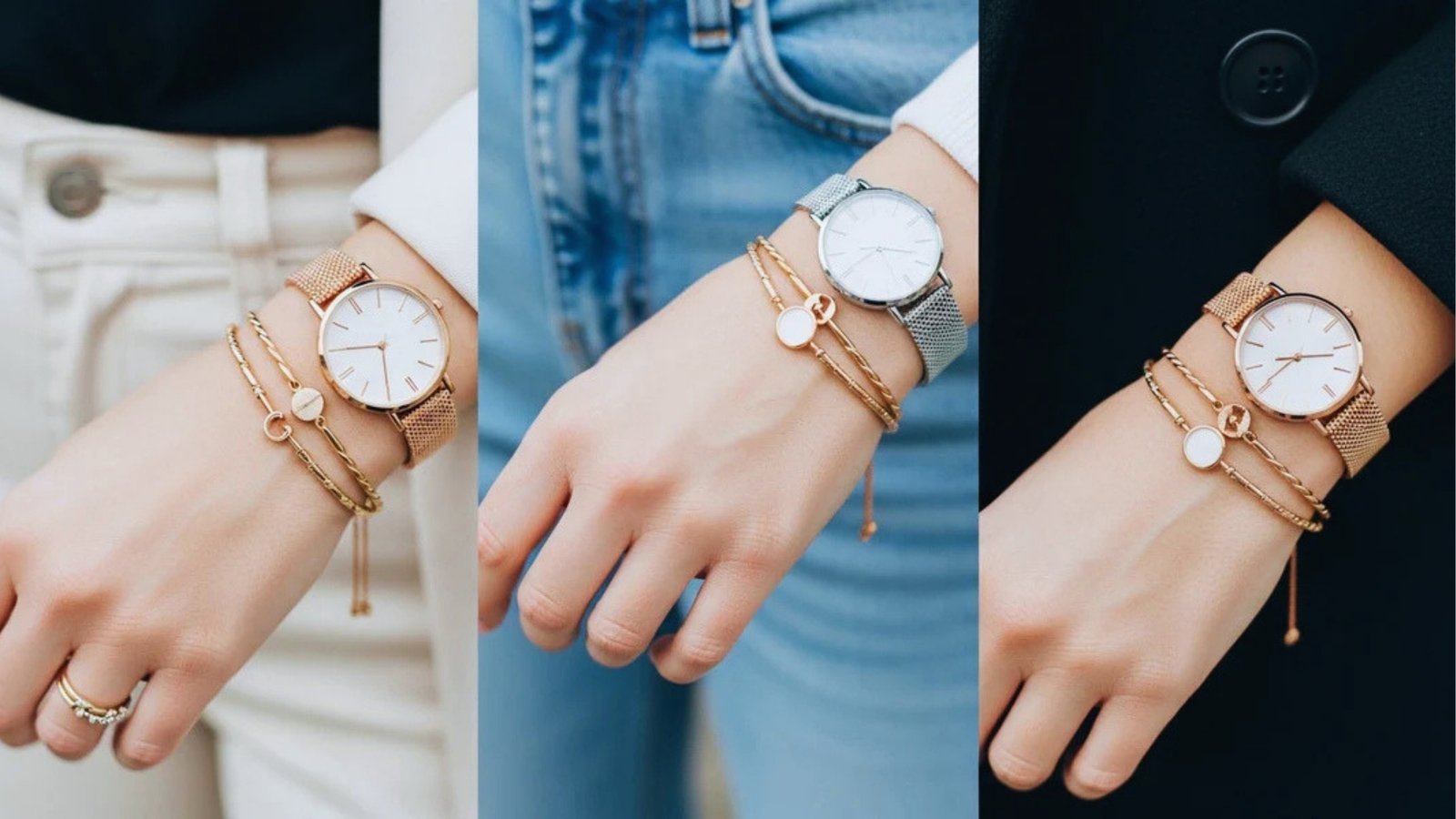 Three images side by side show hands wearing elegant watches and bracelets. Each watch features a sleek, minimalist design with metal straps in different shades. The mood is stylish and sophisticated.