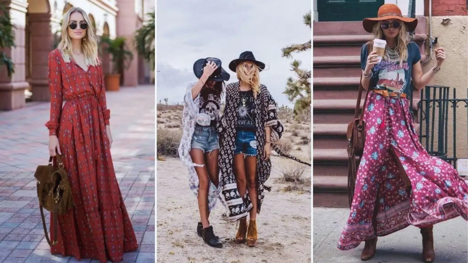 Three women showcase bohemian fashion: the first in a red floral dress, the second pair in desert attire with hats, and the third in a pink patterned skirt.