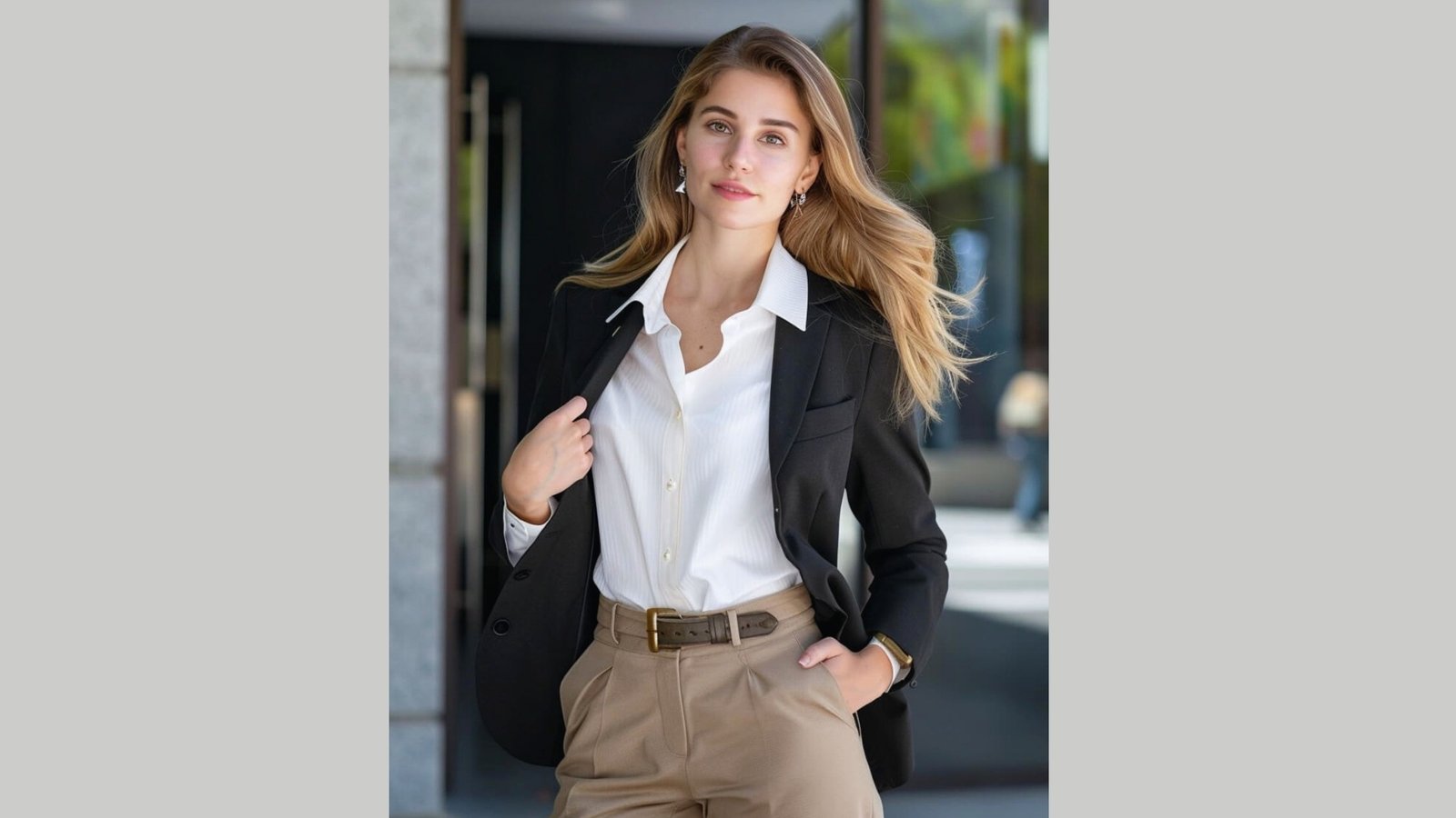 A confident woman with long hair wearing a black blazer over a white shirt and beige pants stands in an urban setting, exuding professionalism.