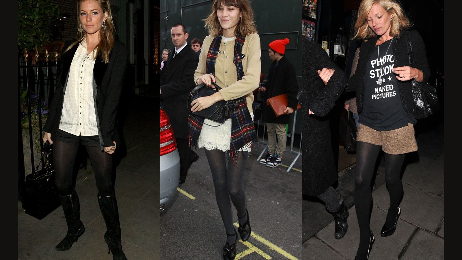 Three women in stylish outfits walking on the street. They wear chic, layered ensembles with dark leggings, boots, and accessories, exuding confidence.