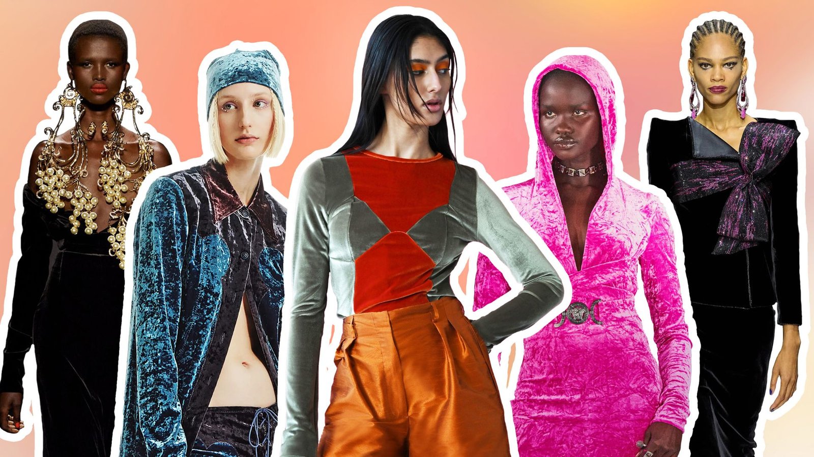 A diverse group of models showcases vibrant fashion on a gradient background. Styles include metallics, velvet, and bold colors, conveying a modern and edgy tone.