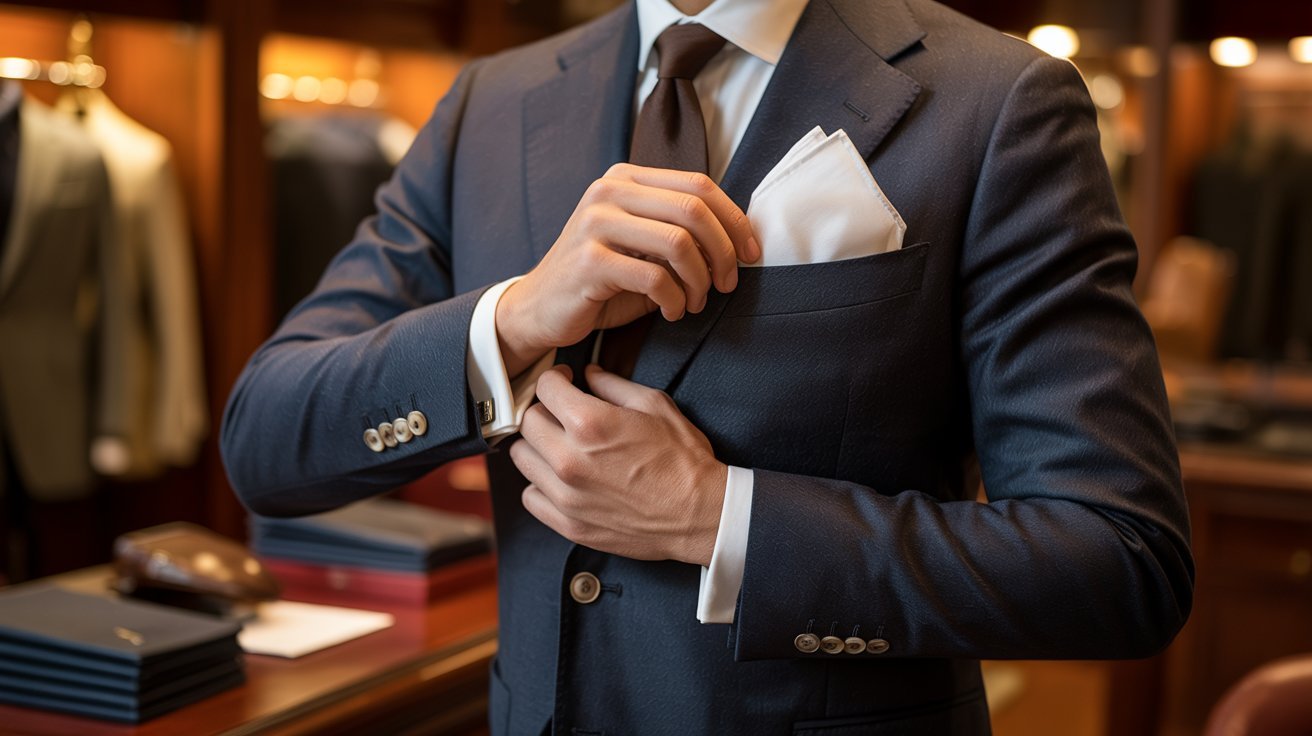 A man in a dark suit adjusts a white pocket square in a luxurious clothing store. The setting conveys elegance and sophistication with warm lighting.