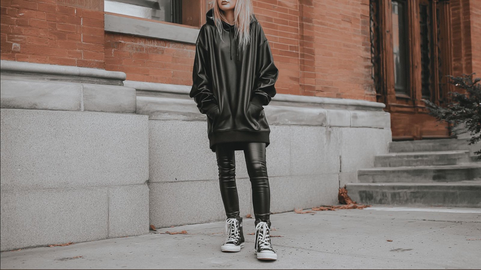 Woman in an edgy mom outfit wearing an oversized black leather hoodie, black faux leather leggings, and black high-top Converse sneakers while standing on a city sidewalk.