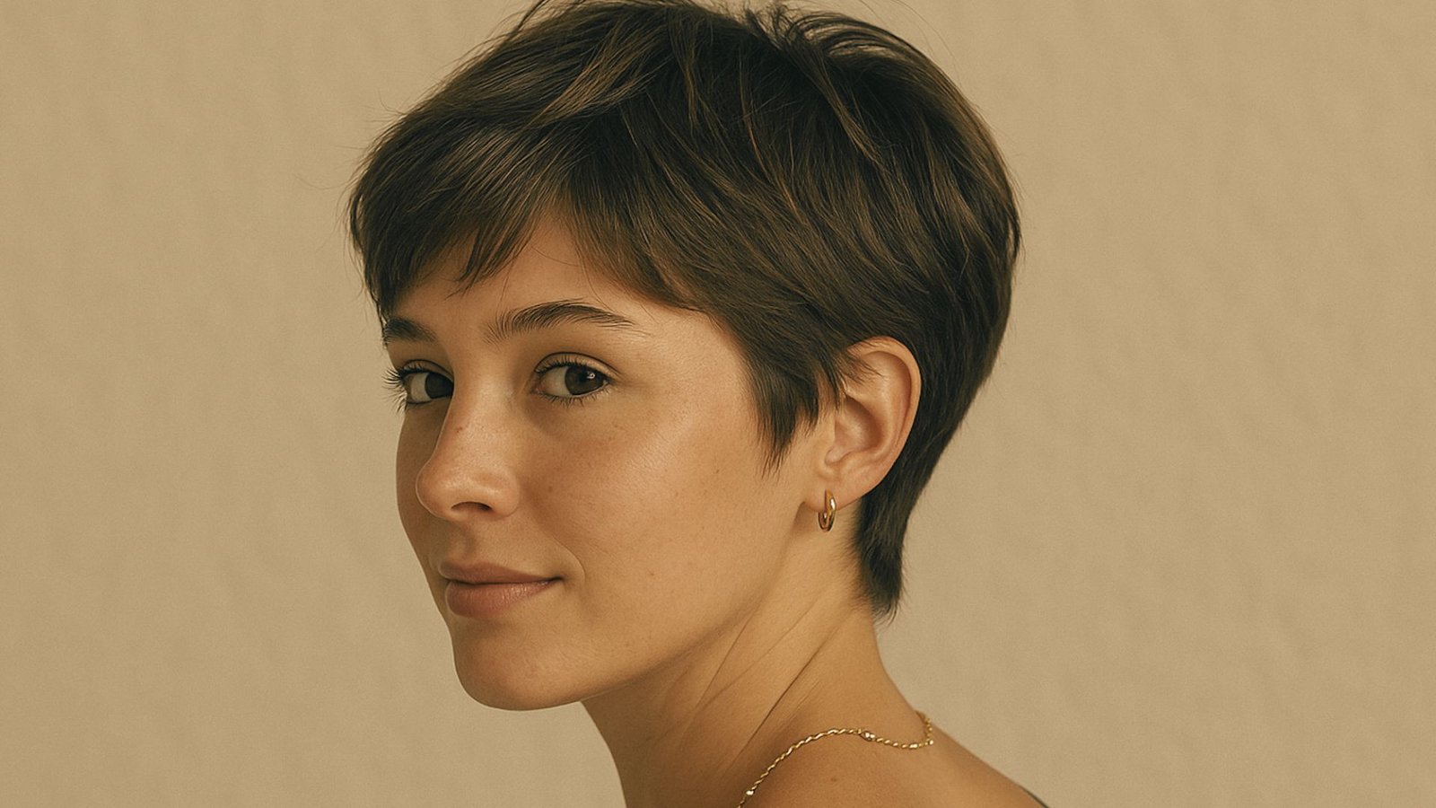 A woman with a soft feminine shaggy pixie haircut, wearing a necklace, smiles gently.