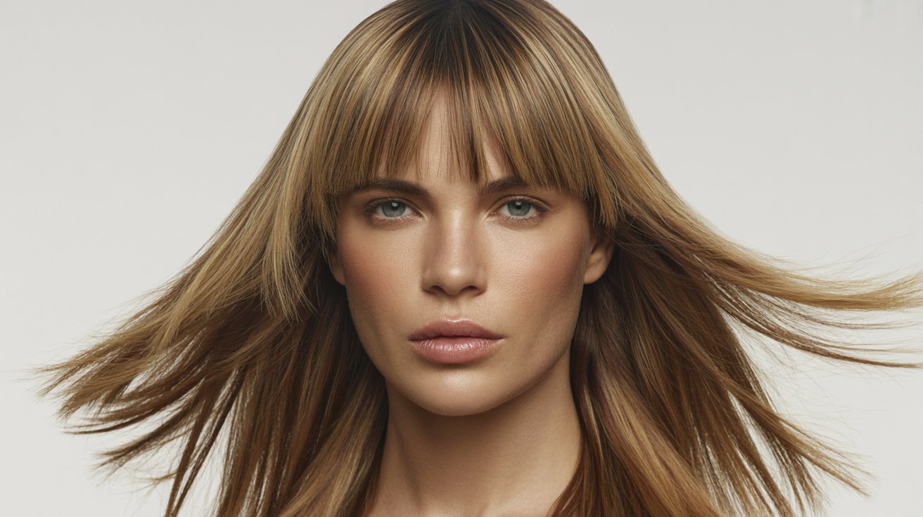  woman with long, straight hair and curtain bangs, showcasing a trendy hairstyle that highlights her features.
