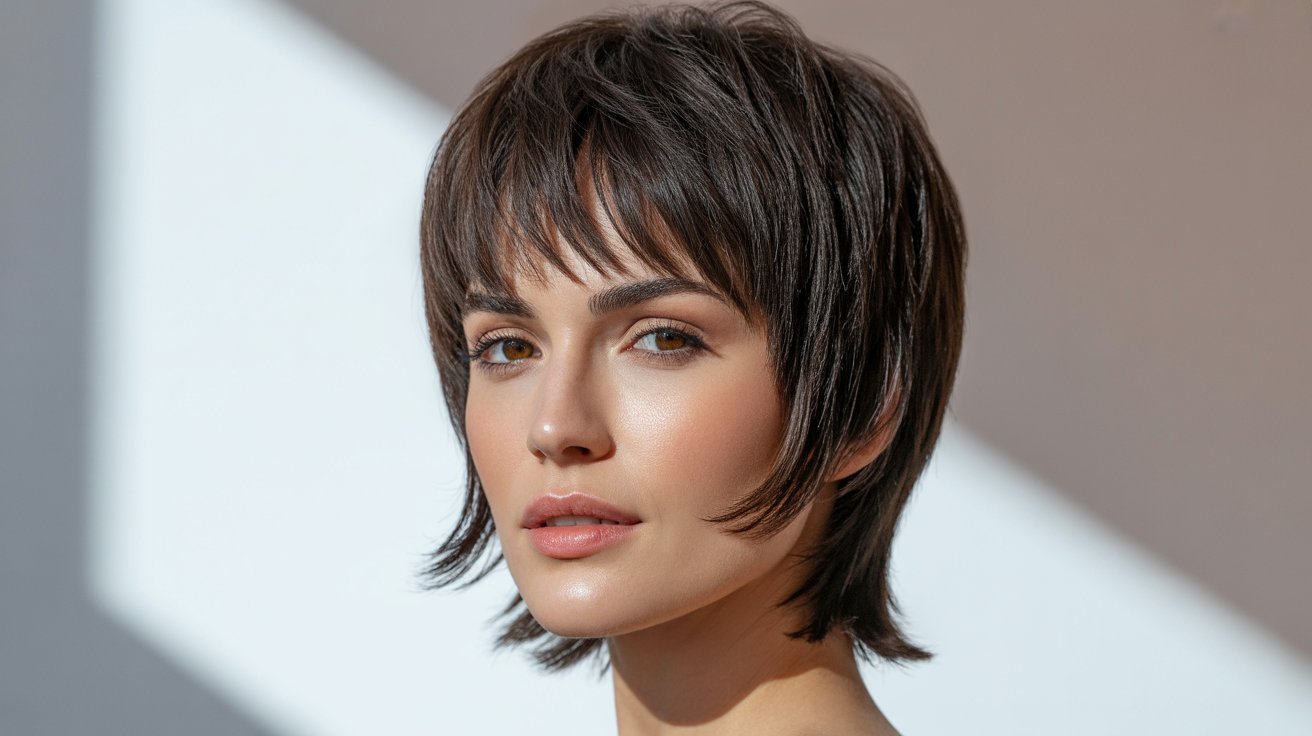 A woman with a short haircut featuring textured bangs poses, emphasizing her modern and fashionable appearance.
