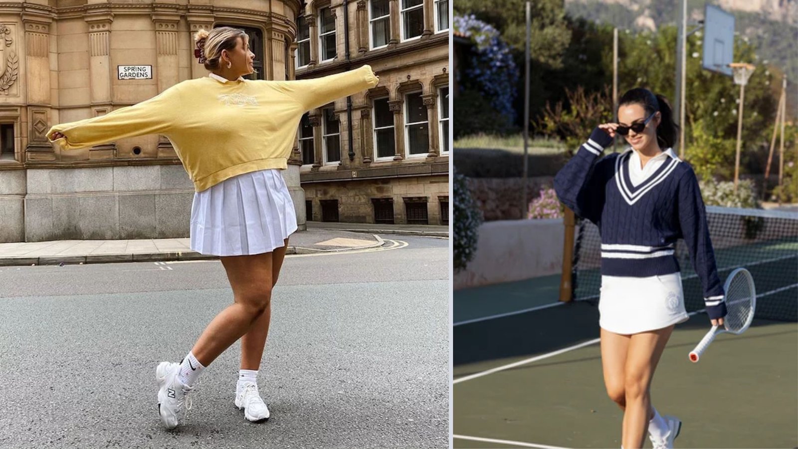 Two women wearing tennis-influenced stay at home mom outfits. Left wears a yellow sweatshirt with a white pleated skirt, right wears a navy sweater vest with a white tennis skirt. 
