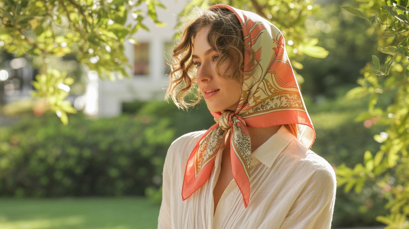 Young woman in a white blouse, wearing a patterned headscarf, stands outdoors with lush greenery. Sunlight filters through leaves, creating a serene mood.