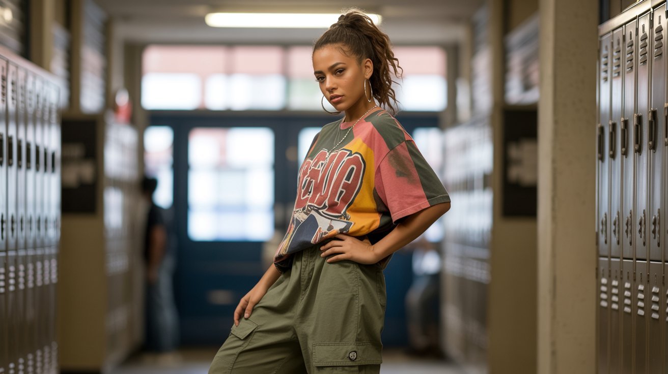 A woman wearing a graphic tee and cargo pants stands confidently in a hallway, embodying early 2000s hip hop fashion.
