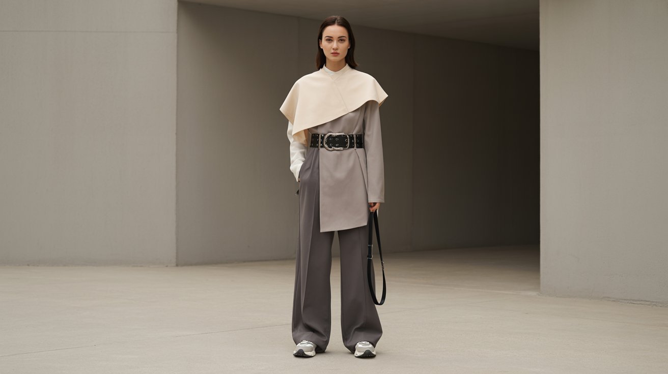 A woman in a grey top and pants stands in a room, showcasing a clean yet edgy outfit with stylish details