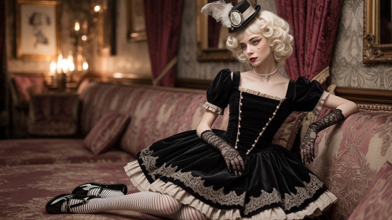 A woman in a detailed Gothic Lolita dress with lace trim sits nicely on a couch, showcasing Victorian-influenced fashion.
