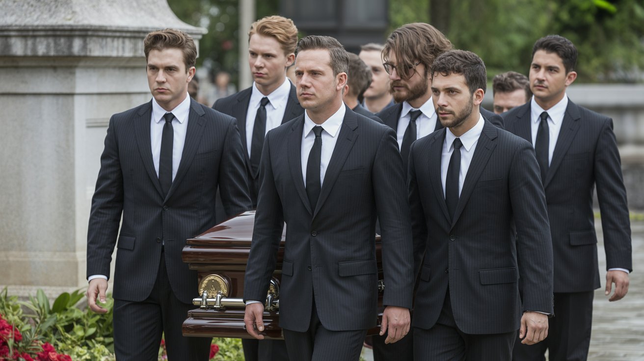 Pallbearers dressed in formal black attire at funeral
