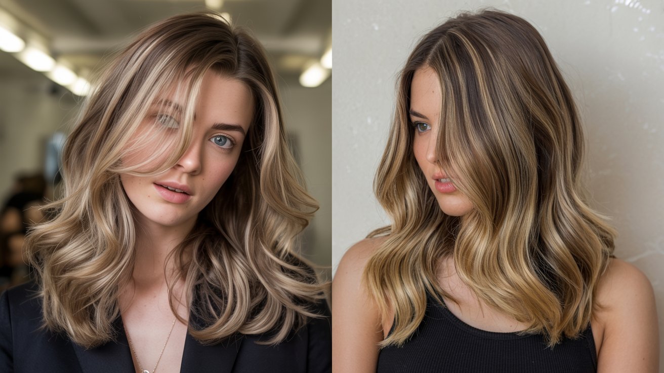 Foilyage vs balayage comparison showing natural vs bright highlighted hair results