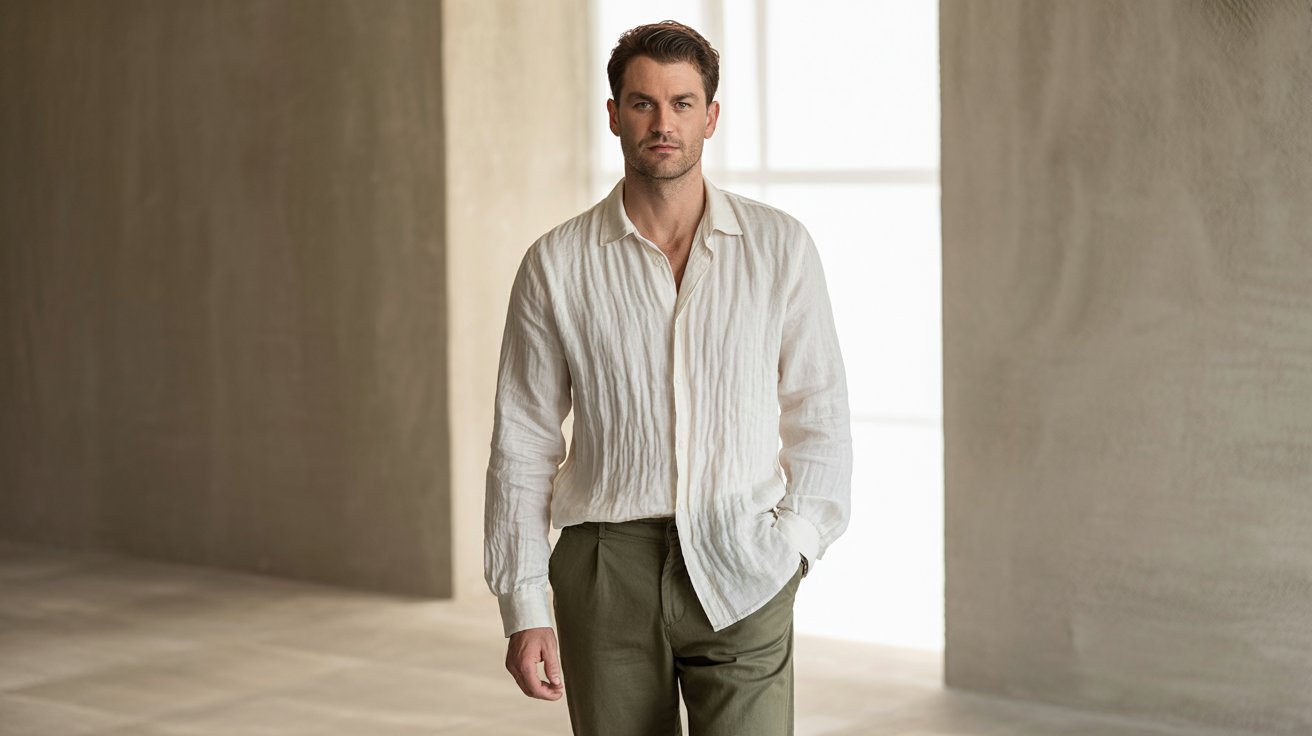 Man in a light, textured shirt and olive pants stands confidently in a minimalist room with muted tones, conveying a relaxed yet poised vibe.