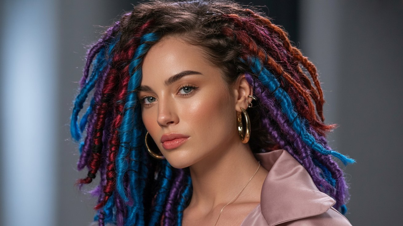 A woman showcasing bold faux locs in vibrant blue, red, and purple colors, styled creatively on her head.
